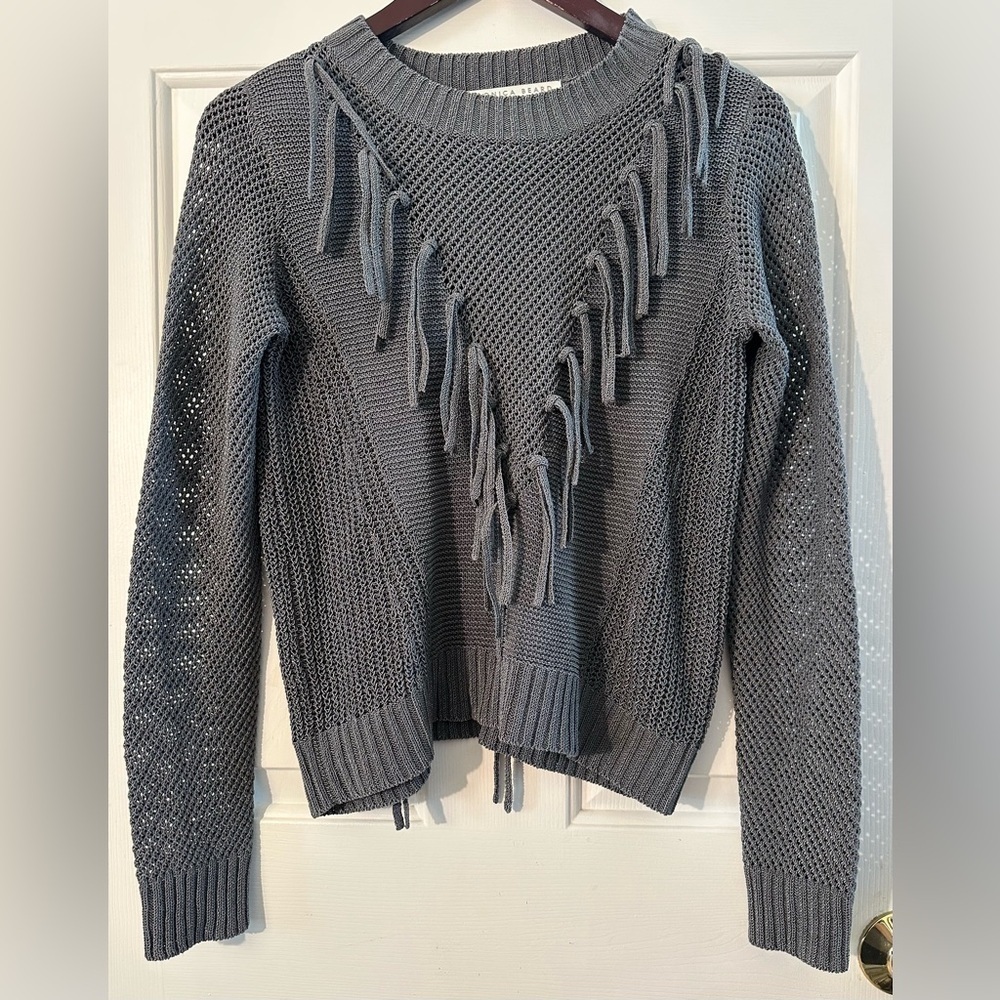 VERONICA BEARD XS Elevated Basics Western Gray Perforated Fringe Knit Sweater